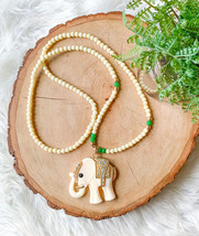 Lucky Elephant Pendant Rhinestone Necklace Resin Cream Jade Green Gold A... - $18.72