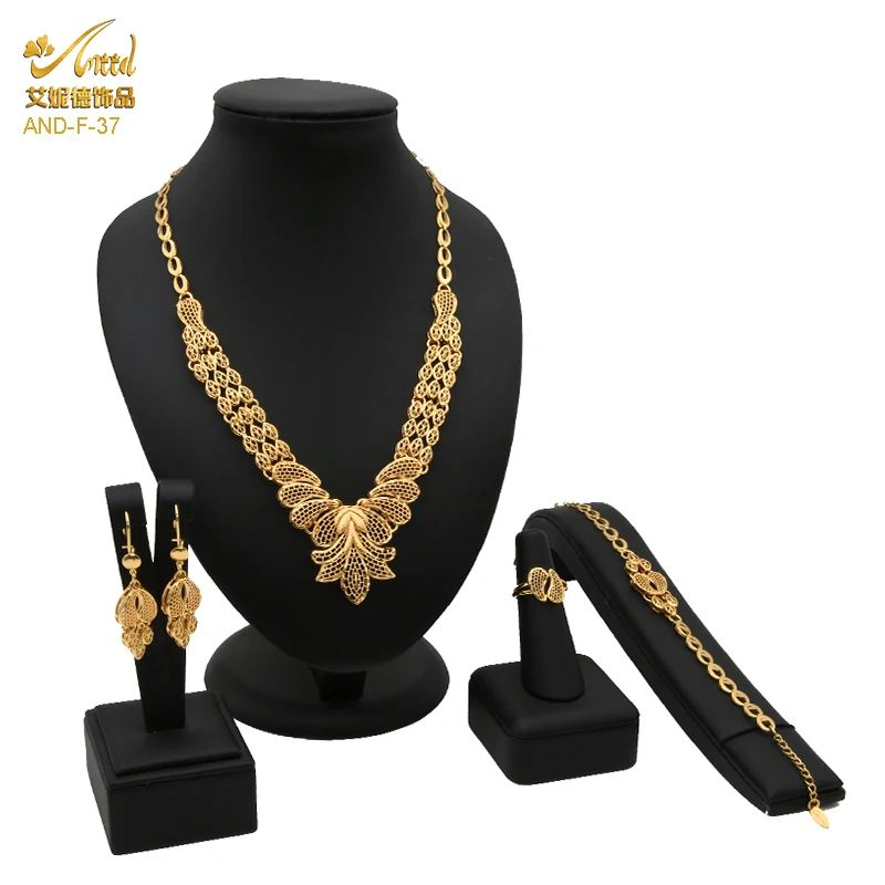 New Indian Jewelry Sets 24K Dubai Gold Plated Wedding Necklace And Earings Brida - £30.26 GBP