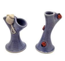 Whimsical Pottery Bud Vase Set Mouse Ladybug SIGNED Blue Decorative Hand... - $24.94