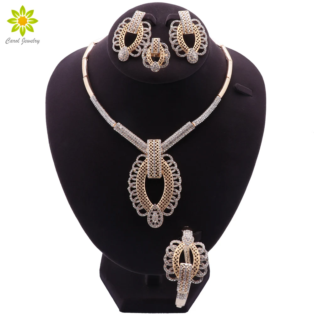 New Arrival GolNecklace Earrings Bracelet Ring Set for Women Fashion Crystal Jew - £27.16 GBP