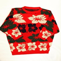 Floral Cropped Short 3/4 Sleeve Sweater Vintage USA Red Acrylic Women&#39;s Med - £31.67 GBP