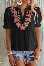 Women&#39;s Black Floral Embroidered Ruffled Puff Sleeve Blouse - £27.65 GBP