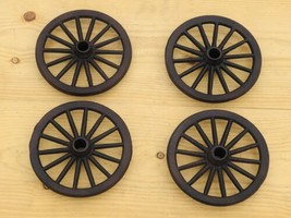 4 Small Cast Iron Wagon Wheel 6 3/4&quot; Wide Table Cart Wheels Spoke Rustic Toy - £58.97 GBP