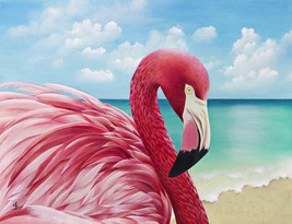framed canvas art print giclée pretty in pink flamingo at the beach bird 11&quot;X16&quot; - £34.91 GBP