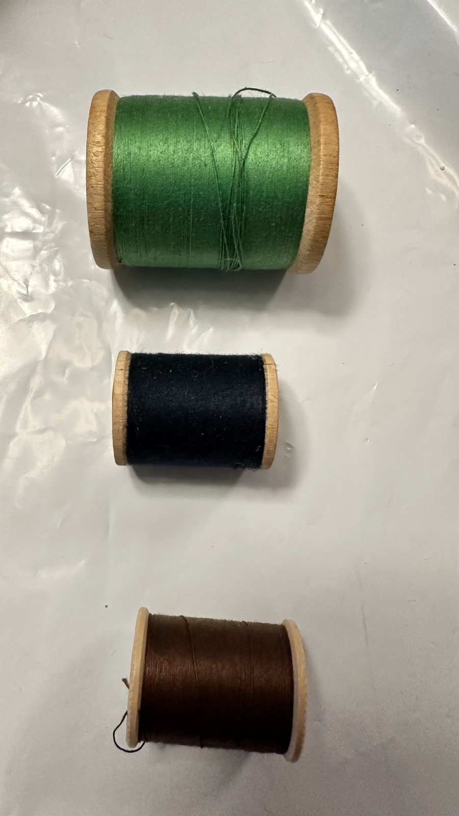 3 Wooden Cotton Reels Vintage Green , Brown &amp; Blue - $5.01