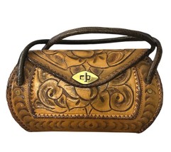Vintage Floral Hand Tooled Leather Shoulder Bag BrownTwist-Lock Closure - $868.21 MXN
