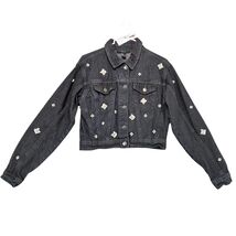 Forever 21 Embellished Black Denim Cropped Jean Jacket Women's M Pearl Gems - $22.00