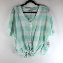 Style &amp; Co Top Tie Front Oversized Cotton Linen Blend Gingham Plaid Mint Green M - £12.90 GBP