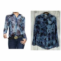 Cabi Blue Multi Blouse Shirt Python Snake Print Sheer Button Placket Size XS - £12.44 GBP