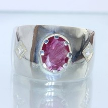 Red Ruby and White Sapphire Handmade Sterling 925 Silver Gents Ring size 10.25 - £97.73 GBP