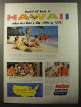 1953 United Air Lines Ad - United Air Lines to Hawaii takes less than a day - £14.53 GBP