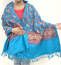 Women&#39;s Kashmiri Blue Color Stole Paisley Flower Embroidered Wool Shawl ... - £61.99 GBP