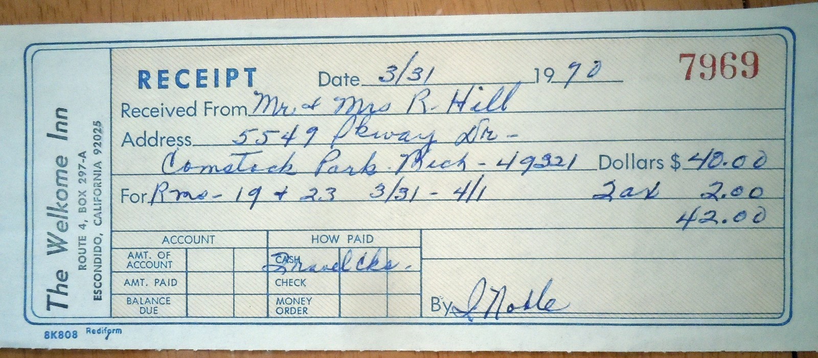 Vintage The Welkome Inn Escondido California Receipt 1970 - $2.99