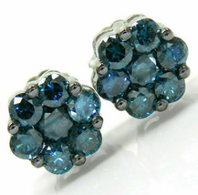 Mens Ladies 1Ct Simulated Blue Diamond Flower Cluster Earrings 14k Gold Plated  - £102.73 GBP