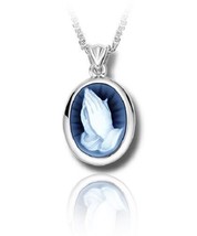 Sterling Silver &amp; Blue Agate Praying Hands Cameo Cremation Urn Pendant w/Chain - £344.54 GBP