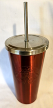 Starbucks 16 oz Tumbler Red Stainless Steel Cold Cup Metal Reusable Stra... - £15.12 GBP