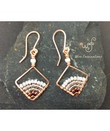 Handmade copper earrings: diamond frame wire wrapped with copper lined b... - £22.38 GBP