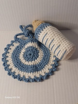  Crocheted Baby Doll 5&quot; Blue Set Bottle &amp; 6&quot; Bib Pretend Play Washable Accessory - $17.82