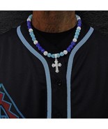 Iced Disco Ball Beaded Baseball Necklace Royal Blue + Silver Cross Pendant - $320.24 MXN+
