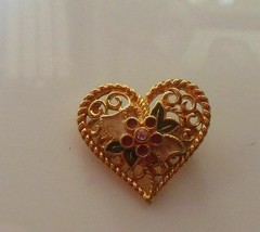 Vintage Gold-tone Enamel Filigree Heart Brooch &quot;I Love You&quot; - $12.88 CAD