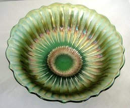 Vintage Green Iridescent Carnival Glass Crimped Rim Bowl Dish - $24.99