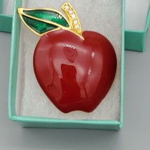 Monet Vintage Rhinestone Red Apple Brooch Pin Teacher Gift - £15.56 GBP