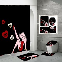 Betty Boop Black Hearts Lips Bathroom Shower Curtain Toilet Seat Cover Rugs Set - £48.14 GBP