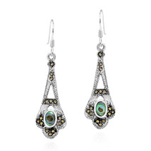 Ornate Marcasite &amp; Oval Abalone Shell Inlay Sterling Silver Dangle Earrings - £20.66 GBP