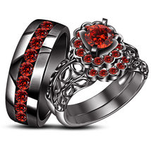 1.2Ct Red Garnet 14k Black Gold Finish His &amp; Her Trio Wedding Ring Set - £75.09 GBP