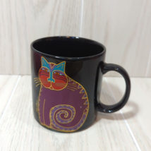 Laurel Burch Mythical Cat Coffee Cup Mug Black purple red colorful cat gold trim - £11.67 GBP