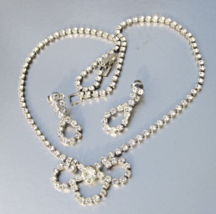 Vintage Silver Tone Rhinestone BOW Necklace &amp; Dangle Pierced Earrings Set - $17.81