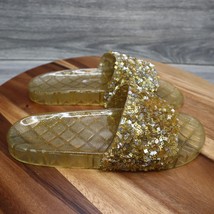 H2K Shoe Womens 10 Gold Slip On Slides Sandals Jellies Glitter Candy Flats - $25.72