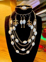 &quot;Reinvented Vintage&quot; Gold Tone/White Faceted Drape Necklace, Bracelet &amp; Ear Set - $29.00