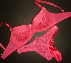 Nwot Mimi Holliday 75DD 34DD Bra Set M Thong Back Bow Hot Pink Lace Silk - $69.29