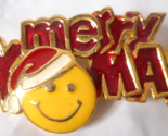 Smiley Face Merry Xmas Christmas Pin Gold tone Red Yellow Enamel 2&quot; Wide... - £11.83 GBP