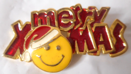 Smiley Face Merry Xmas Christmas Pin Gold tone Red Yellow Enamel 2&quot; Wide Rare - £11.82 GBP