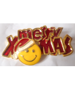 Smiley Face Merry Xmas Christmas Pin Gold tone Red Yellow Enamel 2&quot; Wide... - £11.67 GBP