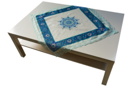 Linen Tablecloth with Aqua Blue LACE, Rustic Tablecloth Summer 34x34&#39;&#39; - £30.49 GBP