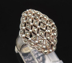 925 Silver - Vintage Beaded Diamond Shaped Cutout Marcasite Ring Sz 7 - RG26043 - £27.74 GBP