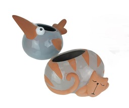 Scratch &amp; Dent Set of 2 Ceramic Planters Glazed Hand Painted Taupe Cat Grey Bird - £31.74 GBP