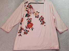 Chico&#39;s Blouse Top Womens Size 3 Pink Floral Rayon Long Casual Sleeve V Neck - £15.56 GBP