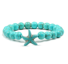 Sky Blue Turquoise Starfish Bracelet Volcanic Stone Round Beads Beaded - £7.46 GBP