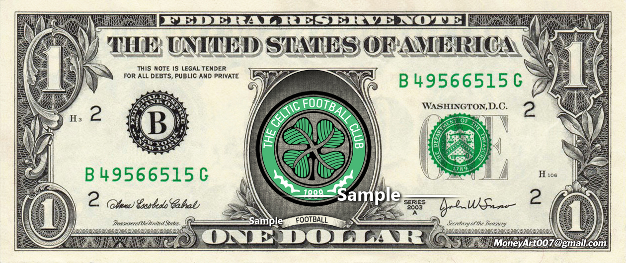 Celtic FC Soccer on REAL Dollar Cash Money Collectible Memorabilia Celebrity - £7.08 GBP