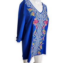 NEW Calessa A-Line Tunic Blue Bohemian Embroidered Shirt M Blouse V-neck  - $44.44