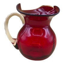 Vintage Art Glass Pitcher Ruby Red Clear Handle 5” Tall - $24.74