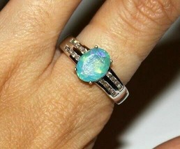 Ethiopian Natural Opal &amp; Topaz .925 Sterling Silver Ring White Gold Overlay Sz 8 - £28.13 GBP