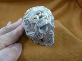 (Skull-w33) medium ornate human Skull figurine Bali antler carving cranium - £117.55 GBP