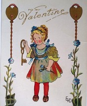 Valentine Postcard Signed EFD Ellen F Drew Girl Skeleton Key Padlocks Hearts AMP - £11.83 GBP