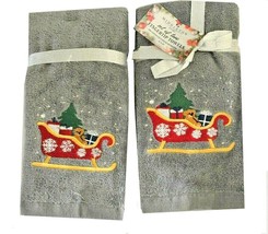 Santa Sleigh Christmas Tree Fingertip Towels Embroidered Set of 2 Guest Holiday - £28.88 GBP