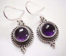 Round Amethyst 925 Sterling Silver Dangle Earrings Silver Dot Accented - £13.65 GBP